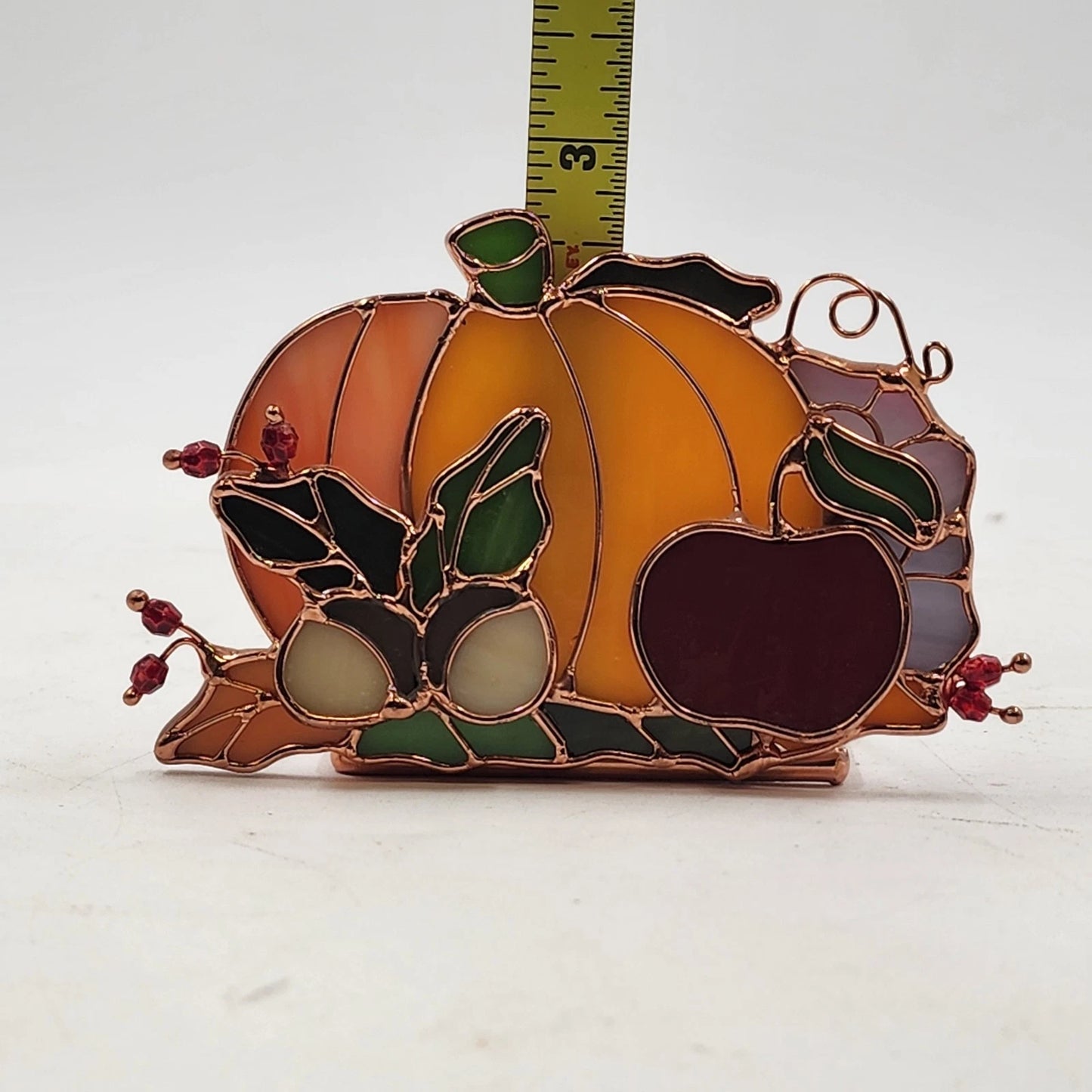 Stained Glass Pumpkin Tealight Holder Fall Apple Acorns 3D Decor Translucent Vtg
