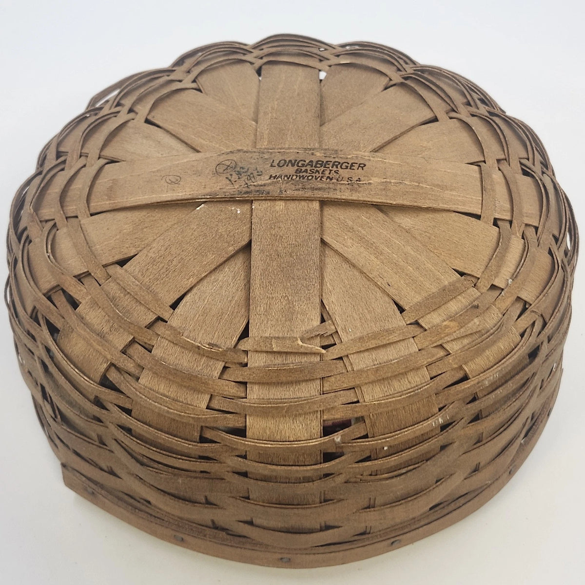 Longaberger Darning Basket 10" Round Floral Liner Double Leather Handle Vtg USA