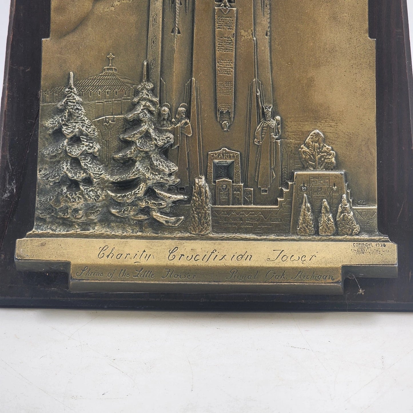 Bronze Plaque Charity Crucifixion Tower on Wood 1956 Shrine of the Little Flower