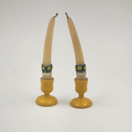 2 pc Erzgebirge Wood Miniature Candle Holders Tapers Yellow West Germany 5"