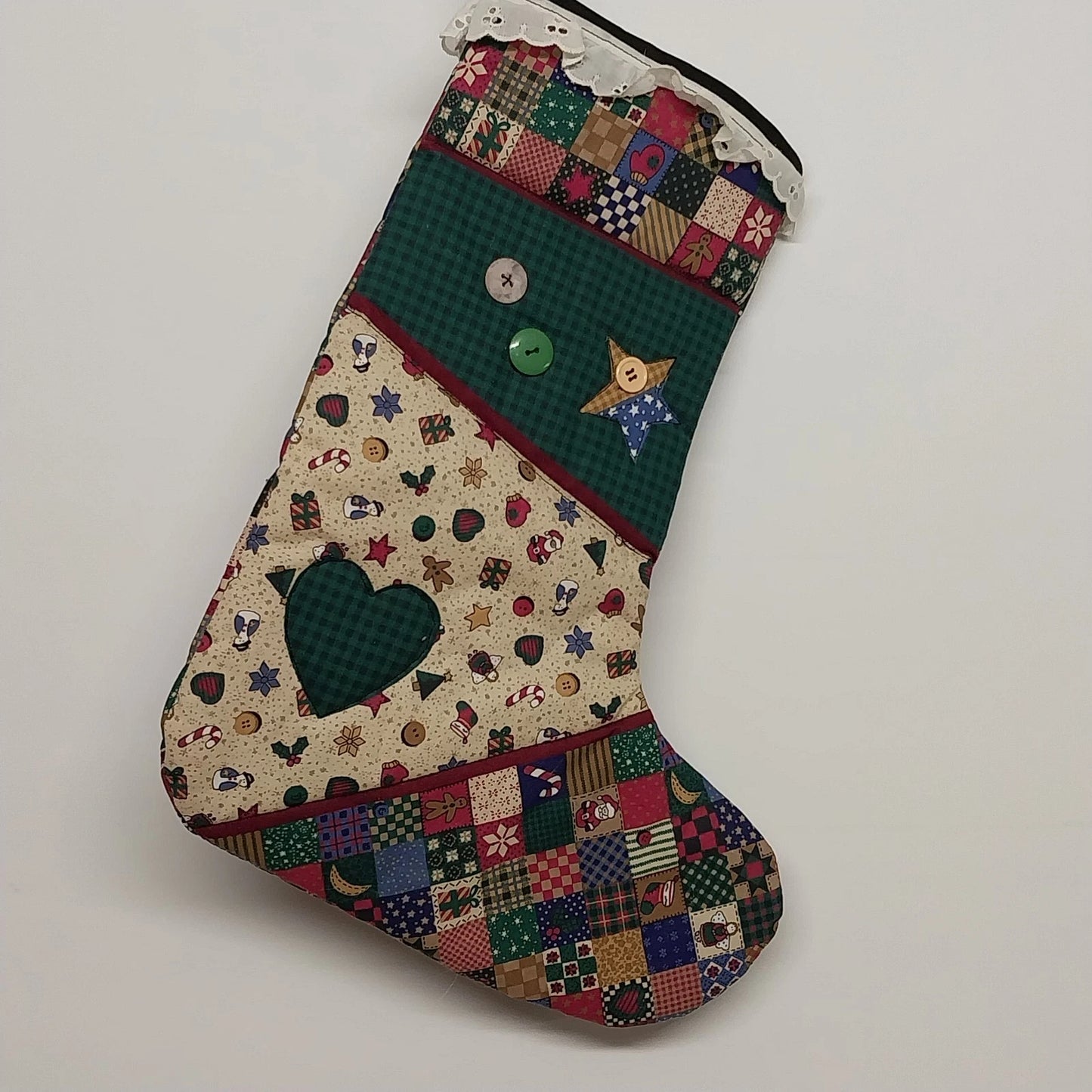 Homespun Holidays Christmas Stocking Patchwork Cotton Heart Lace Button 15" Vtg