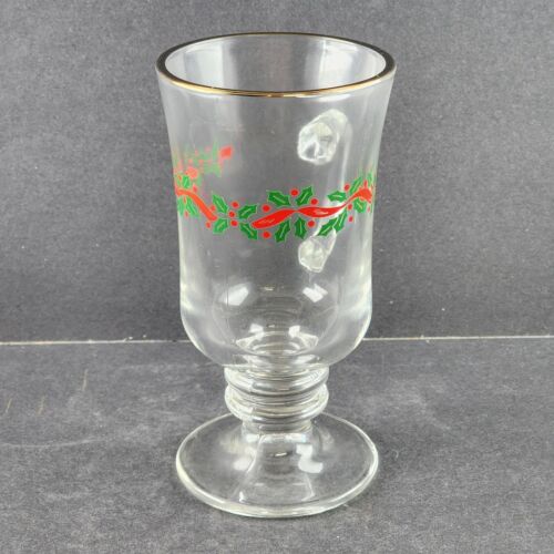 One Libby Irish Coffee Footed Glass Mug w Holly Berries Design 3" w x 5.75" h