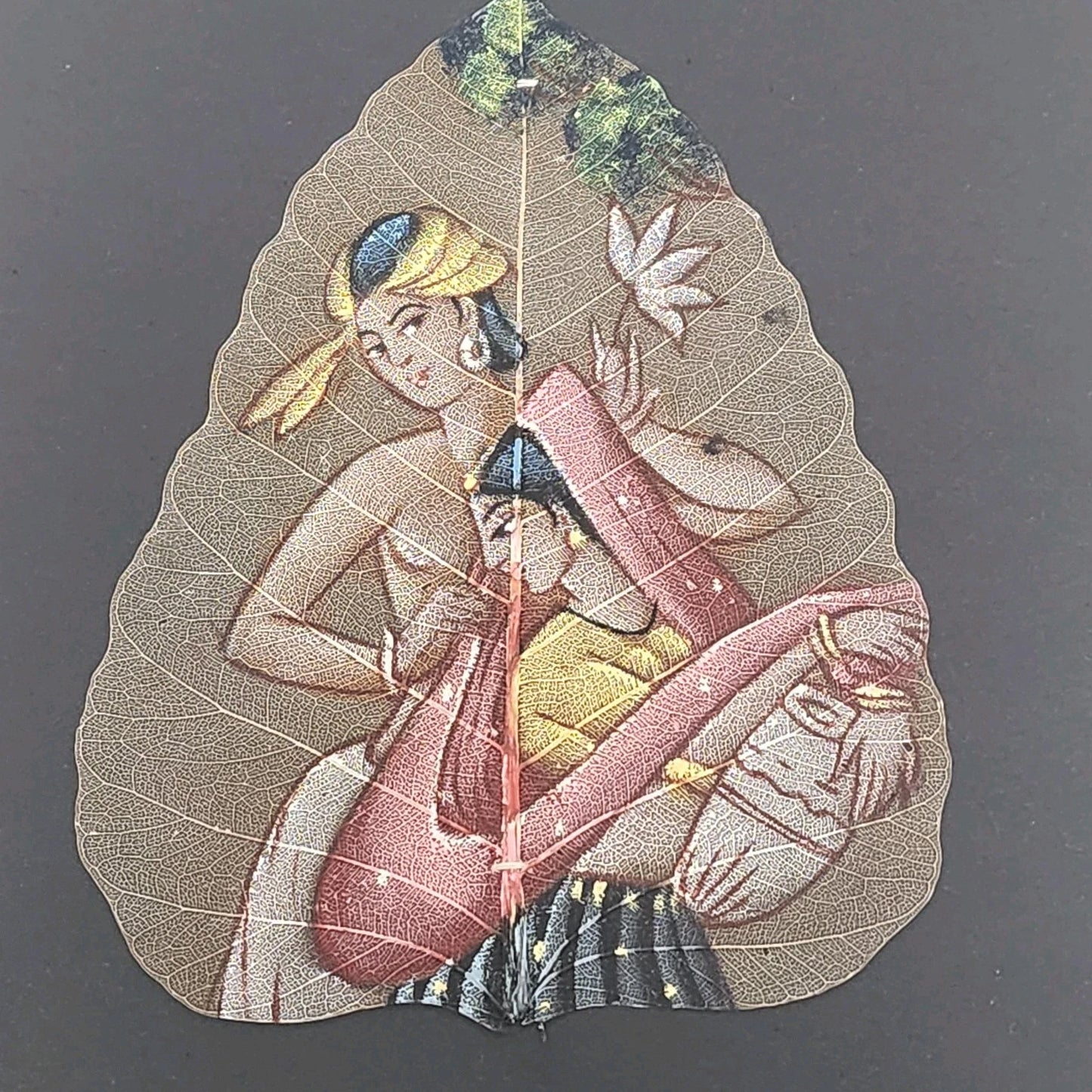 Hand Painted Peepal Leaf Art Indian Miniature Painting Hindu Couple 5" Unframed