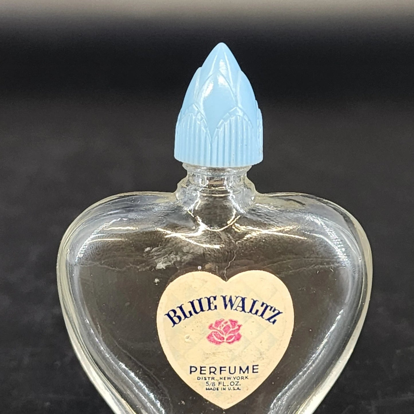Blue Waltz Perfume Bottle Heart Glass Blue Lid Empty Vanity Collectible Vtg