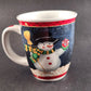 Snowman Ceramic Christmas Mug Night Scene Red Trim Hot Chocolate Cup 4.25" Vtg