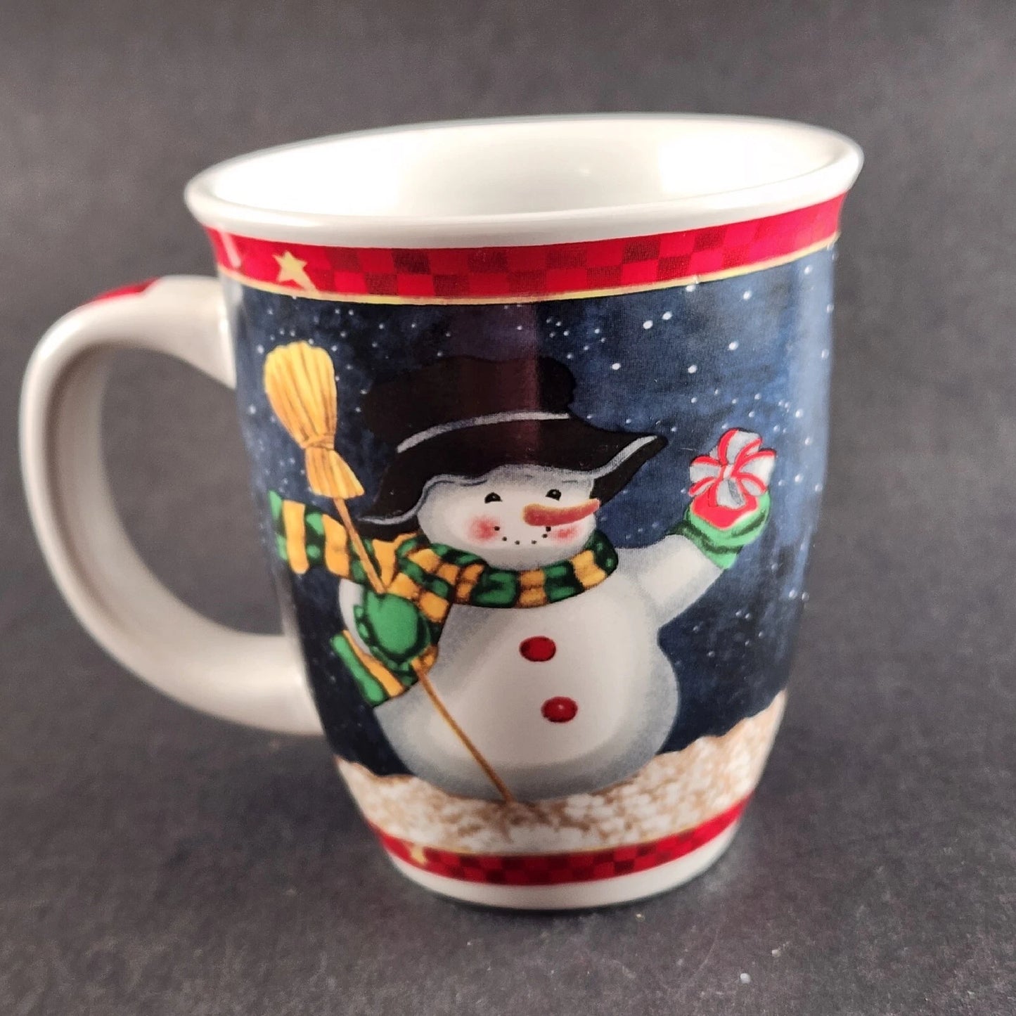 Snowman Ceramic Christmas Mug Night Scene Red Trim Hot Chocolate Cup 4.25" Vtg