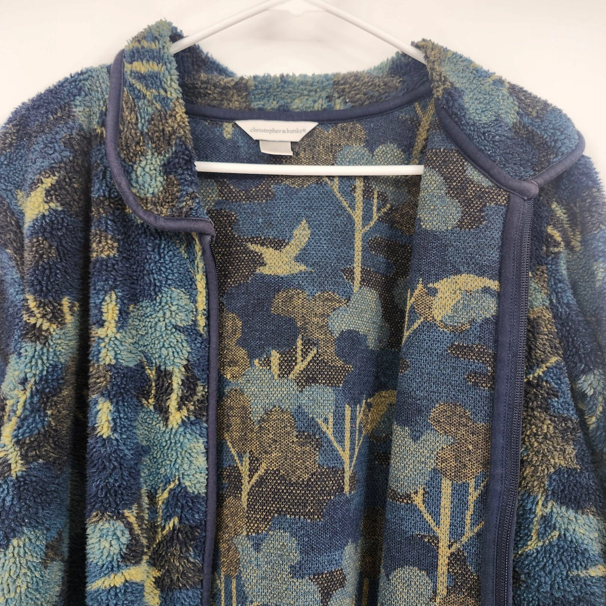 Christopher & Banks Women's Fleece Jacket XL Blue Floral Birds Nature Full Zip