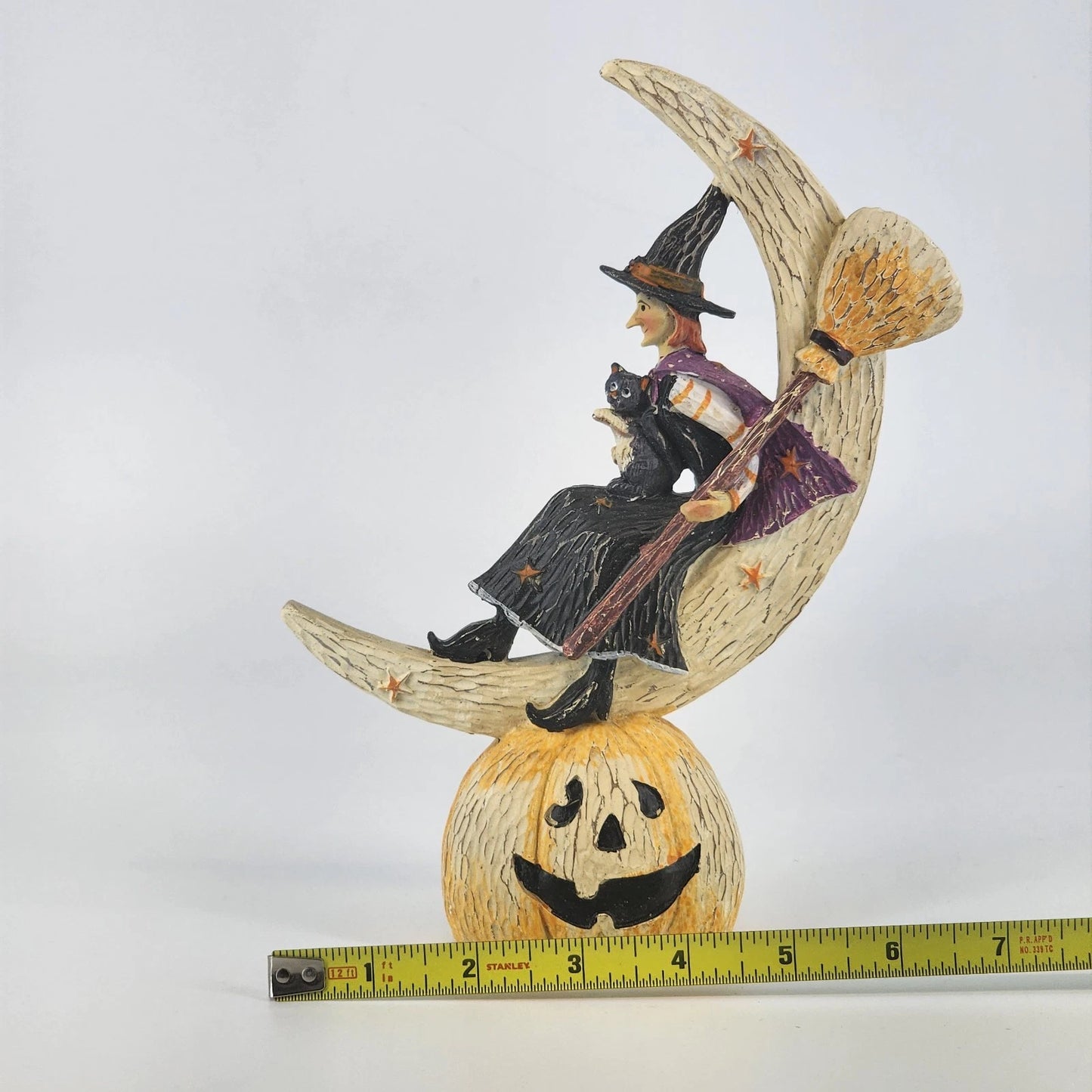 Halloween Witch w Broom & Cat on Crescent Moon Resin Figurine Jack O’ Lantern 9"
