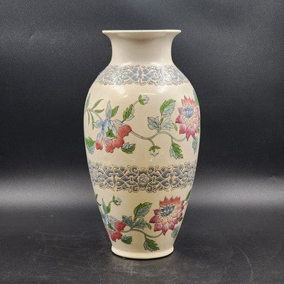 Large Macau Urn-Style Vase – Hand-Painted Pink & Blue Floral Design – 15" x 8" Vintage Oriental-Inspired Home Décor