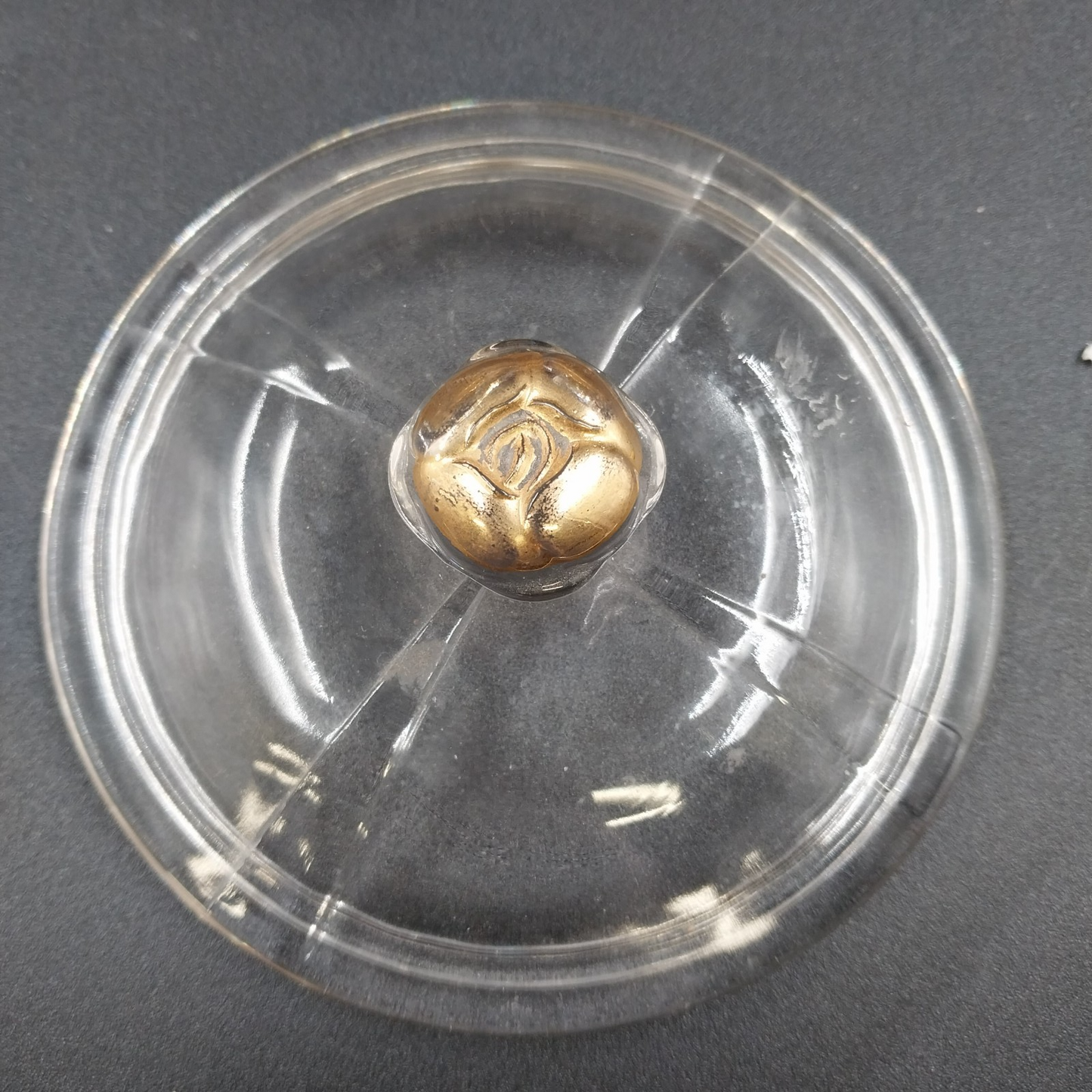 Faber Bros Lazy Susan Appetizer Tray Gold & Clear Glass 4-Part w Lid 10.5" Vtg