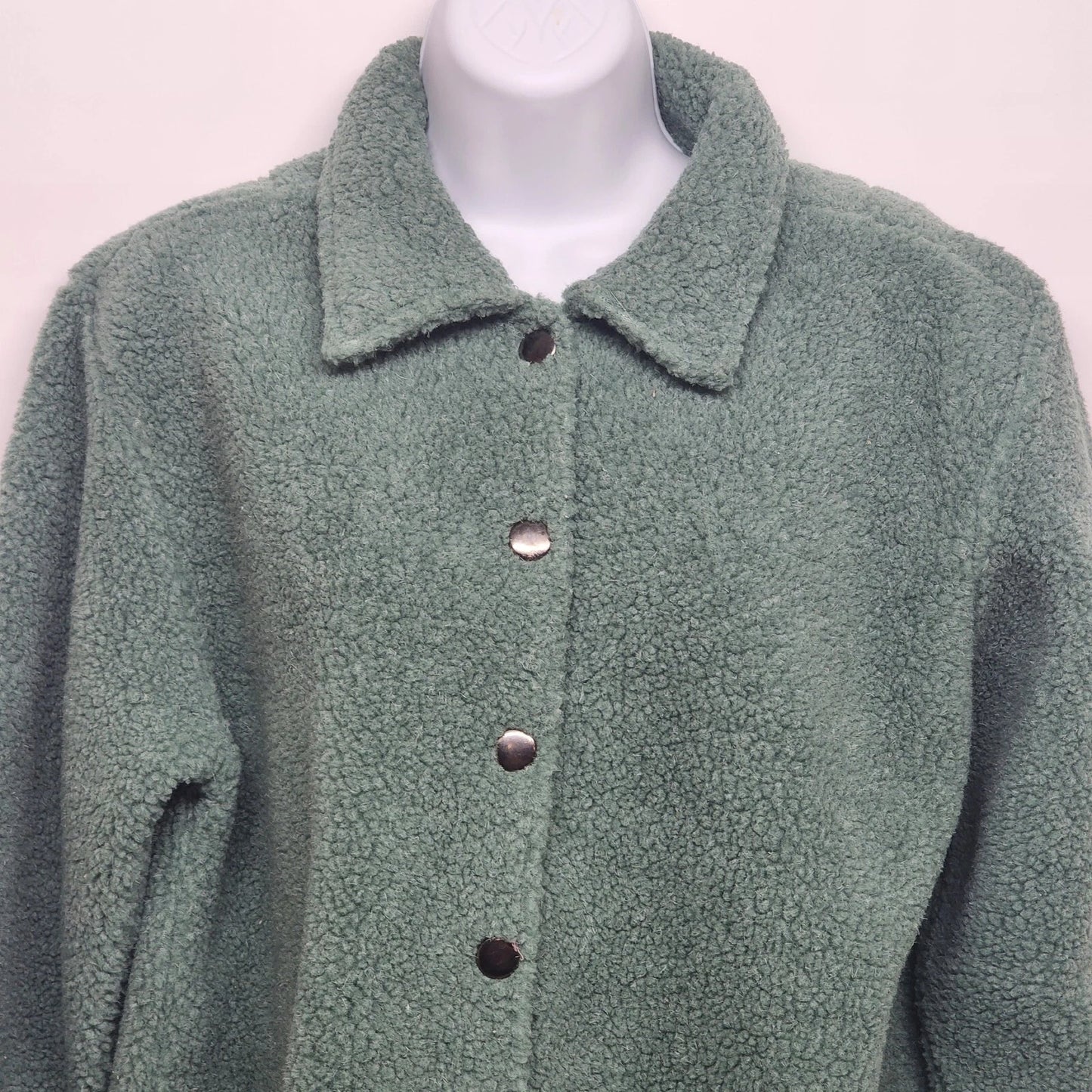Real Comfort Sherpa Jacket Sea Green Size Small Button Up Long Sleeve Soft Cozy