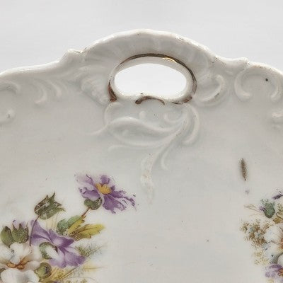 White Porcelain Platter Purple Floral Scalloped Edge Handles 9.5"