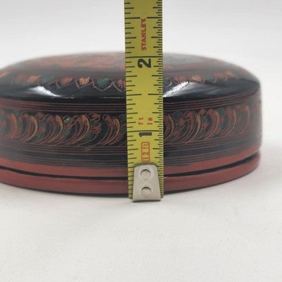 Vintage Lacquerware Coaster Set – 6 Matching Ceramic Foo Dog Coasters in Black, Red & Gold with Storage Box – Asian Guardian Lion Motif
