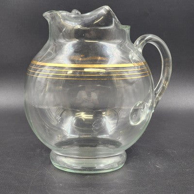 Round Bubble Shape Clear Glass Pitcher with 3 Gold Stripes & Ice Lip 8.5” 1950's