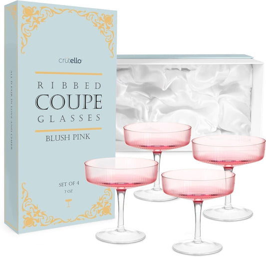Crutello Champagne Coupe Glasses Set of 4 Pink 7oz Capacity Blush Pink NIB