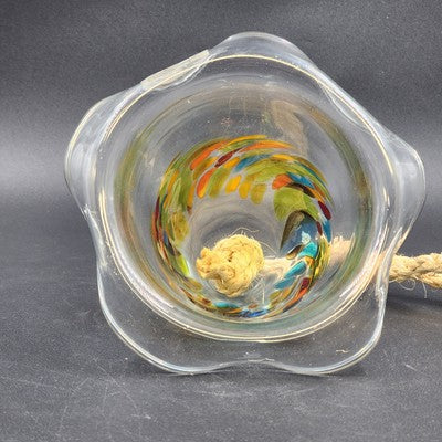 Bell Hummingbird Hand Blown Art Glass Multicolored Swirls Ruffled Edge Rope Hang