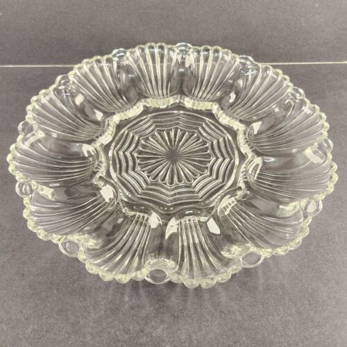 Anchor Hocking Clear Glass Deviled Egg Plate Fan Pattern Scalloped 10" Vintage
