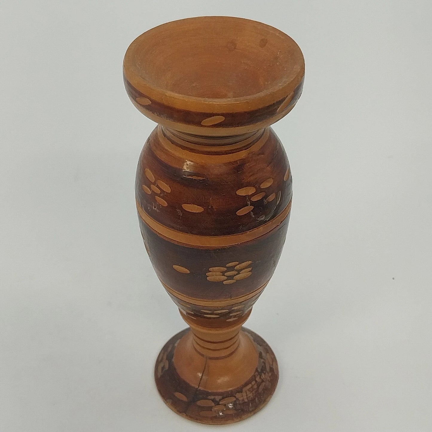 Hand Crafted Wooden Bud Vase Brown Carved Detailed Inlay Folk Art 6.9" Vintage