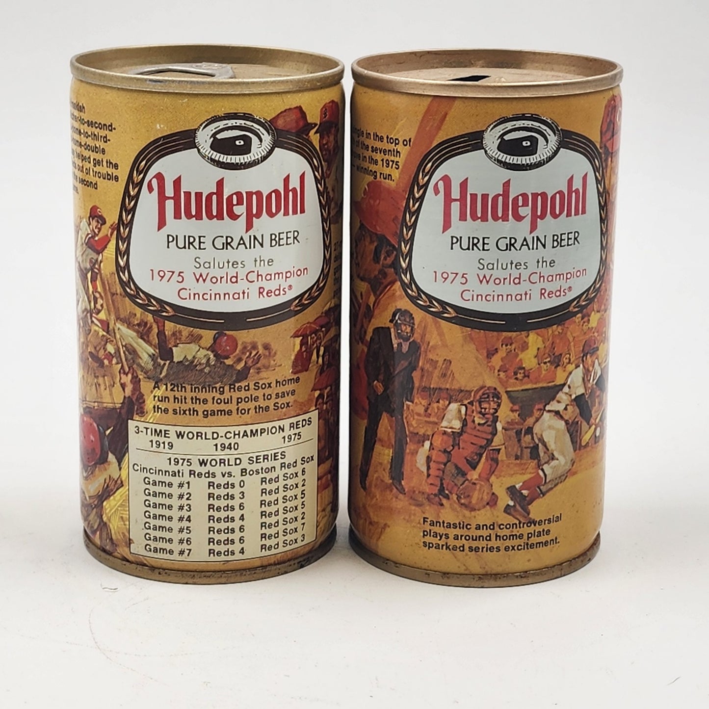 2 Hudepohl 12 oz Steel Beer Can 1975 World Series Champions Cincinnati Reds GUC