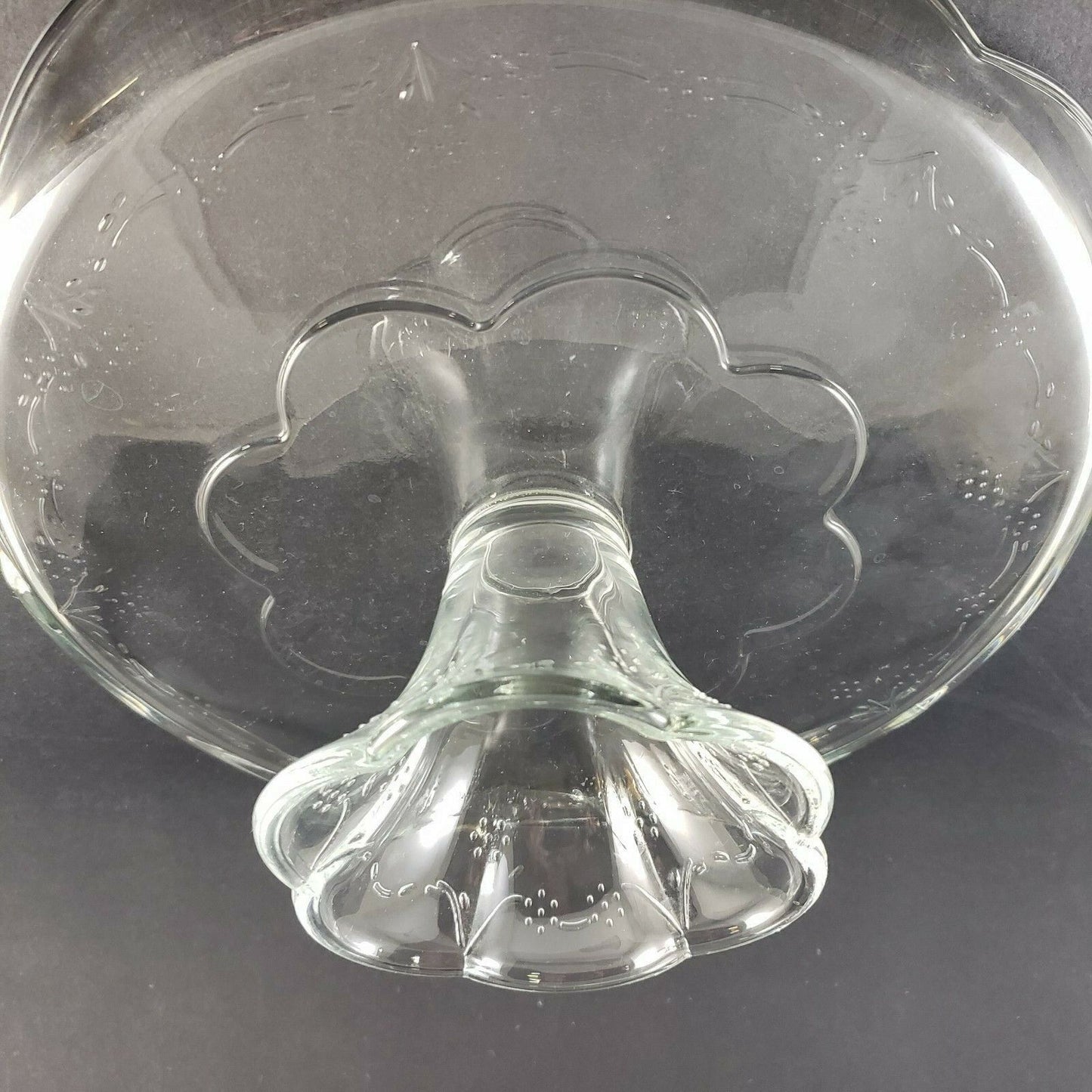 Blossom Pattern Clear Glass Pedestal Cake Stand Scalloped Lip Pfaltzgraff USA