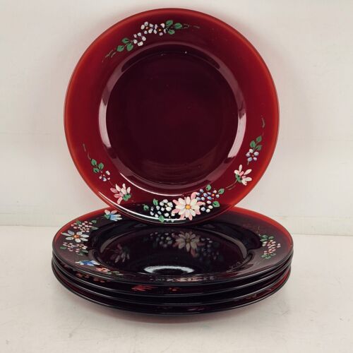 5 Fascination Ruby 8" Luncheon Plates by Fostoria with Hand Painted Flower Edges