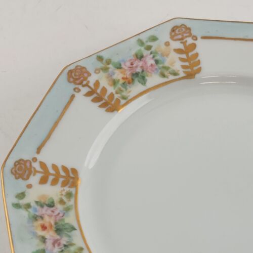 Tirschenreuth Bavaria Decagon Salad Plate Blue Border Enameled Flowers Gold Trim