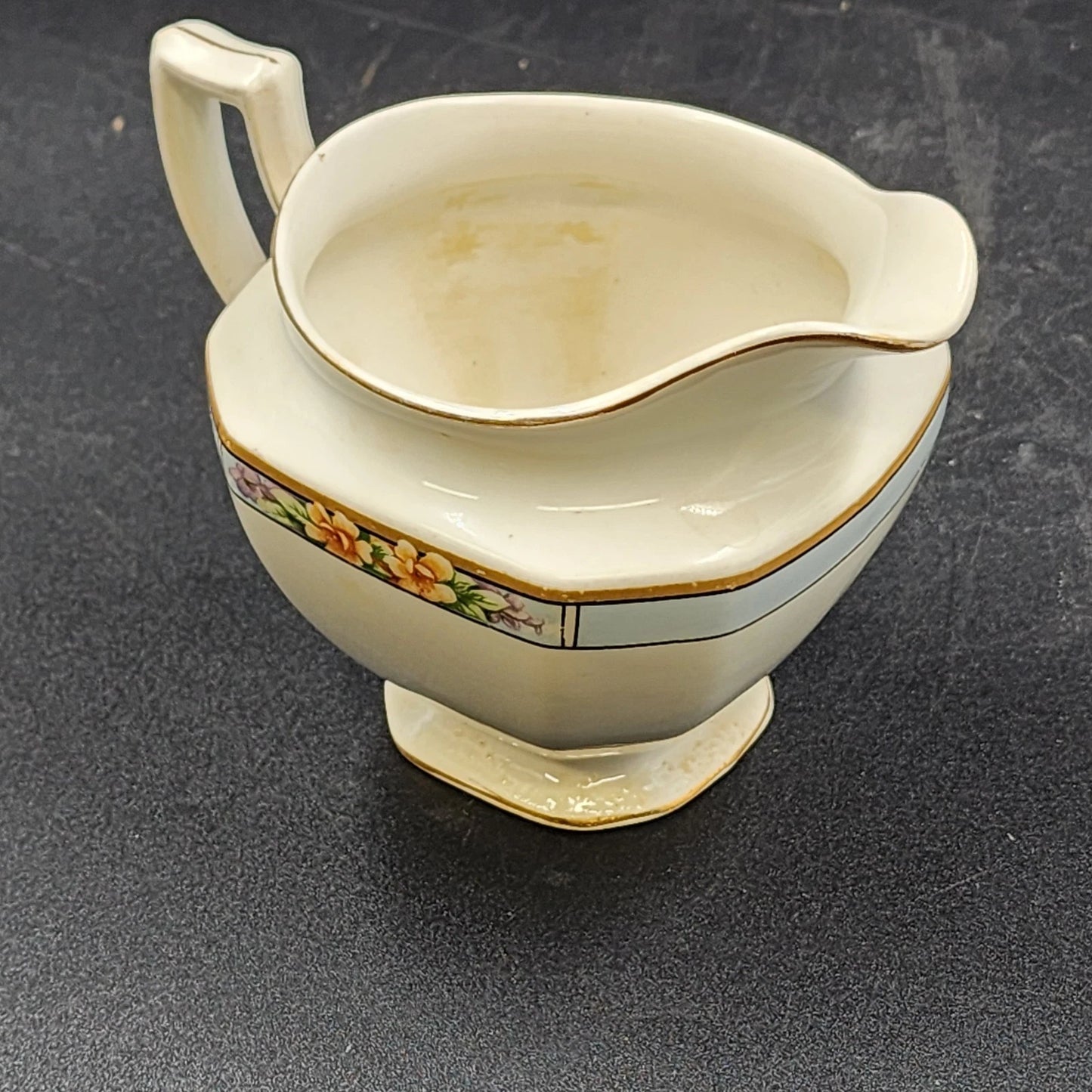 Nebraska Blue Creamer Syrup Pitcher England Blue Rim Flower Accent J&G Meakin