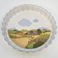 Potpourri Press Quiche Tart Dish Farm Scene Chickens Barn Blue Rim 9.25" Japan