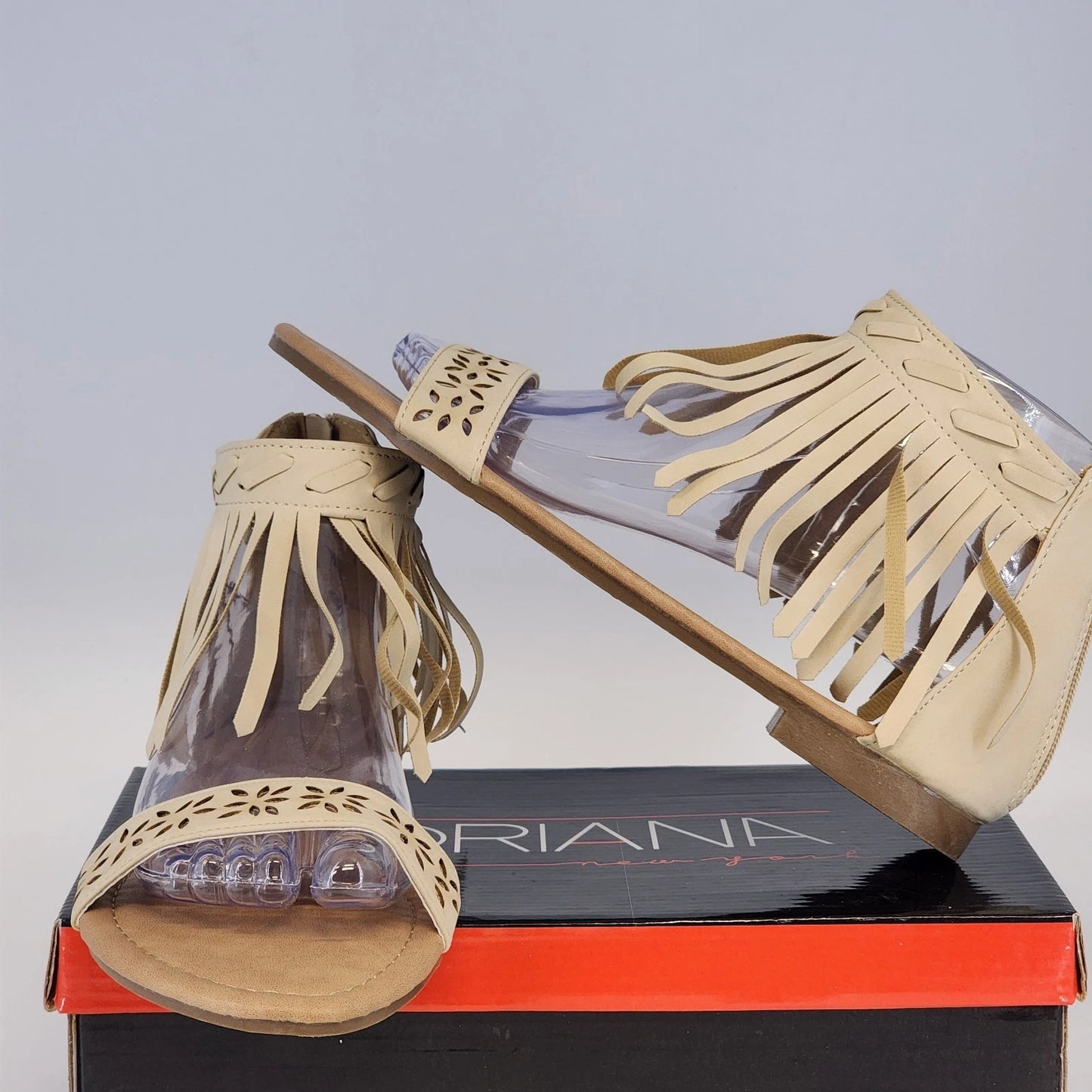 Adrianna Cathy-8 Beige Gladiator Sandals Women's 8 Fringe Ankle Height Zip NIB
