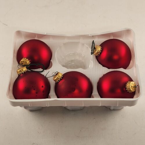 Christmas Ornament Glass Krebs Red jewel tone 5 Pk Vintage Boxed Gold Crown 2.5"