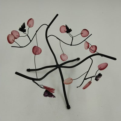 Black Metal Pink Leaf Flower Serving Bowl Stand Display Vintage 1990s 5.25"