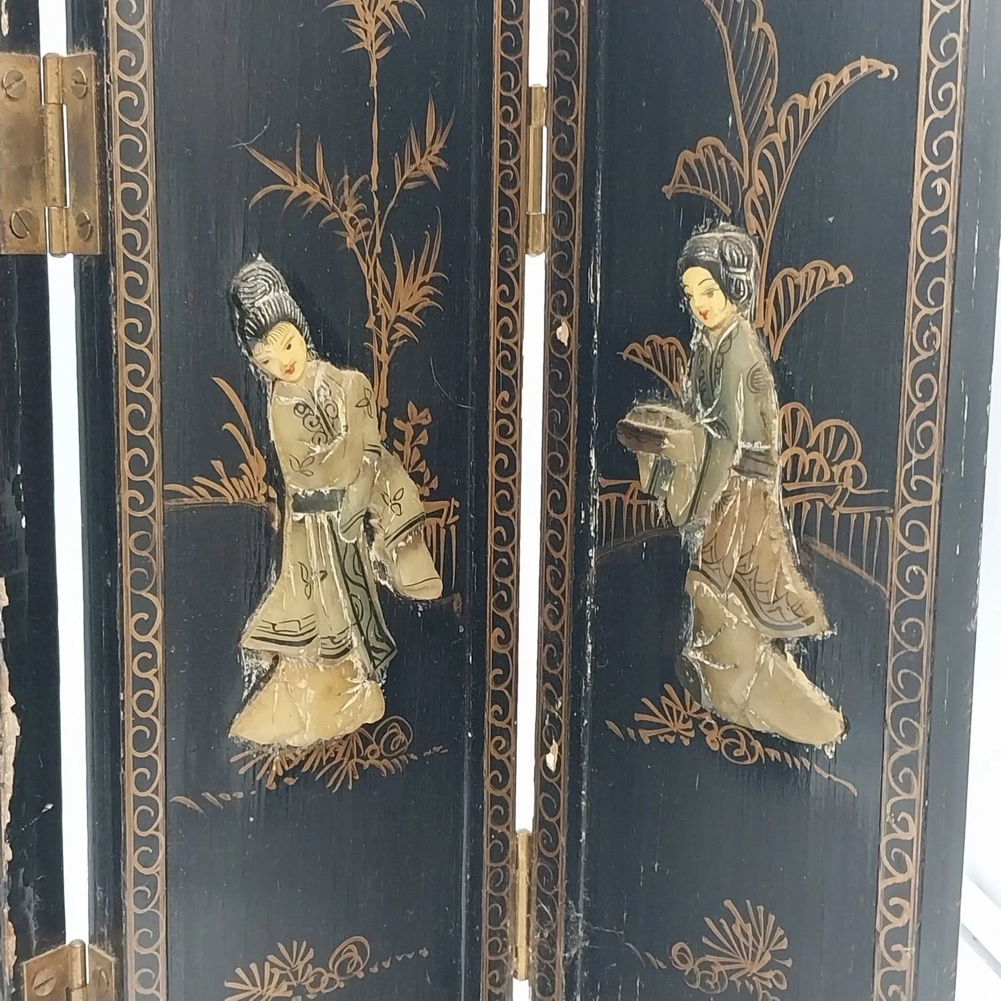 Macau Black Lacquer Soapstone 4-Panel Asian Tabletop Folding Screen 18" x 14"