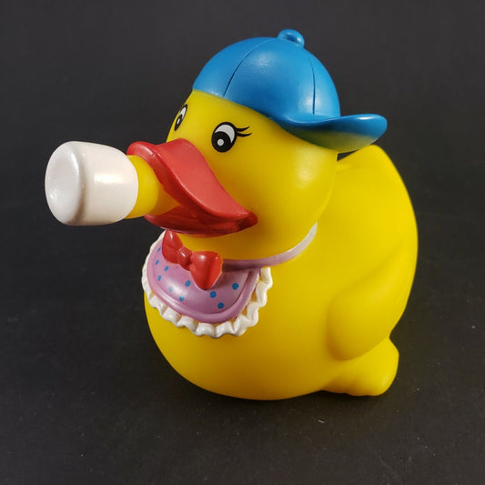Rubber Ducky Coin Bank Plastic Yellow Baby Duck Ballcap Bib Bottle Bowtie