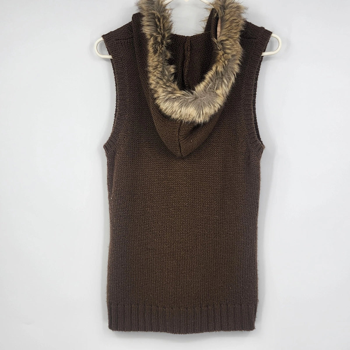 Relativity Women’s Medium Brown Cable Knit Vest Faux Fur Hood Toggle Zip