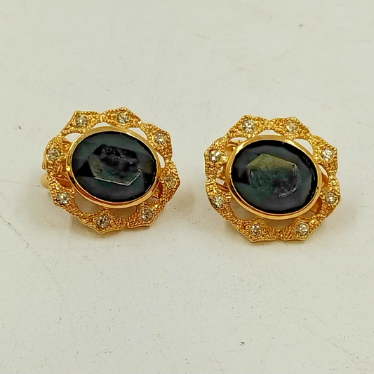 Gold Tone Black Stone & Clear Rhinestones Clip On Earrings