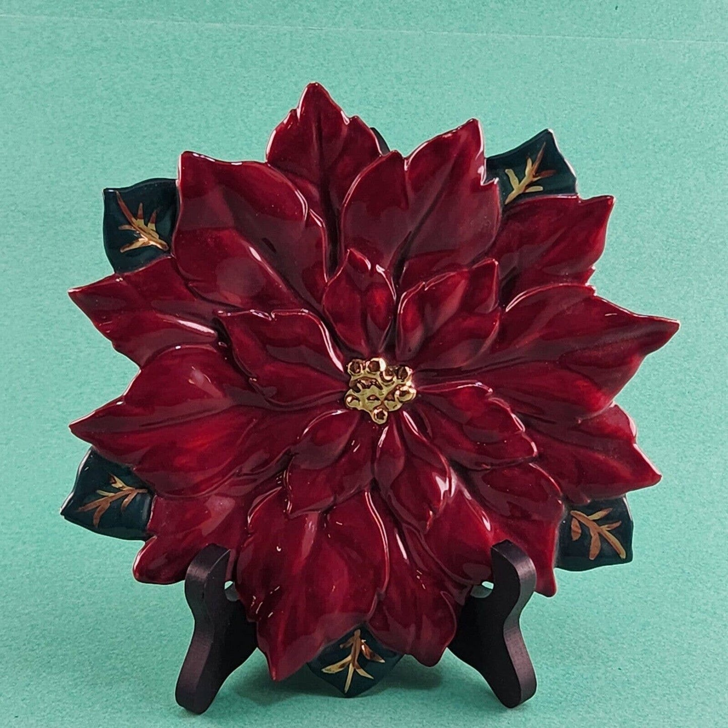 Poinsettia Candy Dish Trinket Bowl Red Green with Gold Ascents Signed BMS 8½" d