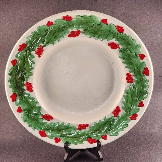 Large Round Serving Platter 16" Homemade White Ceramic Green Red Holly Border