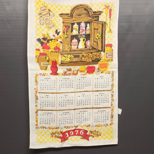 Country Cabinet with Spices 1976 Calendar Linen Kitchen Towel Vintage 27" x 16"