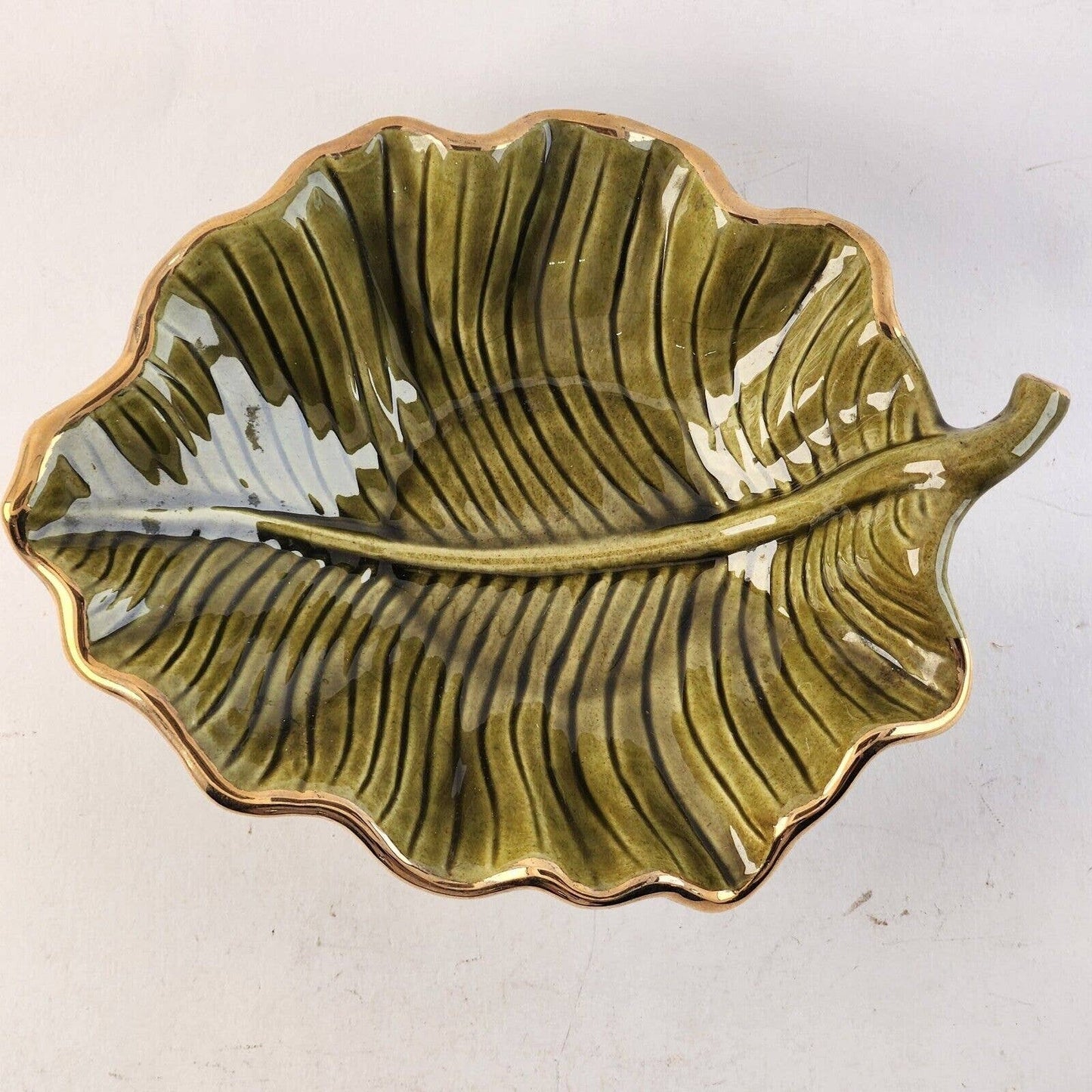 California Pottery M709 Green Leaf Gold Trim Bowl Ceramic Hand Painted USA 8" L