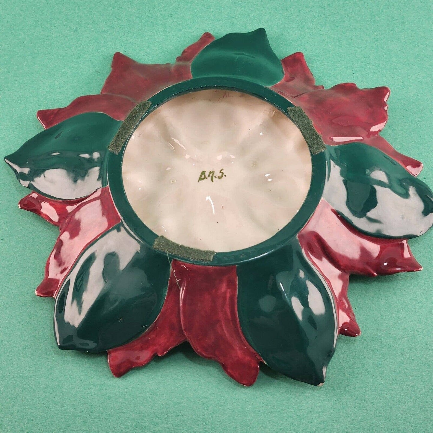 Poinsettia Candy Dish Trinket Bowl Red Green with Gold Ascents Signed BMS 8½" d