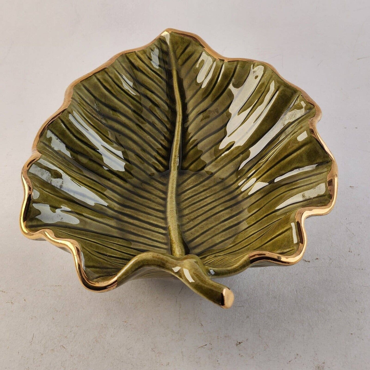 California Pottery M709 Green Leaf Gold Trim Bowl Ceramic Hand Painted USA 8" L