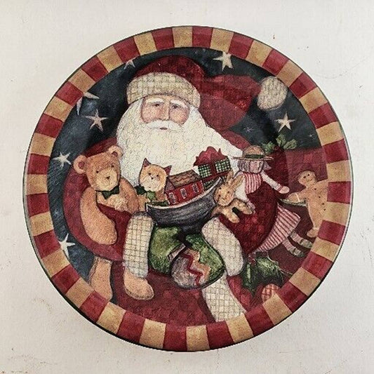 Susan Winget 8" Christmas Plate Santa Holding Teddy Bear & Toys Red Tan Border