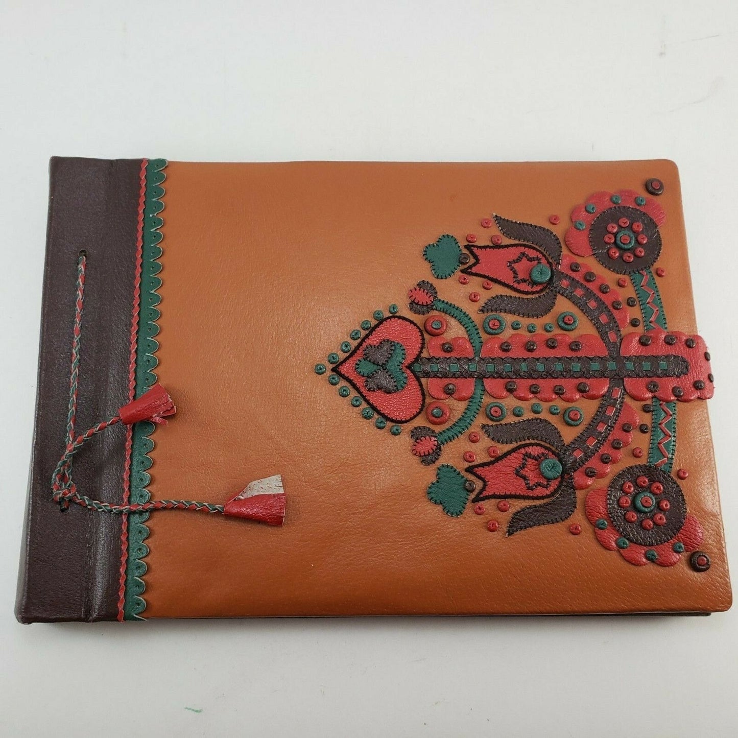 Leather Bohemian Photo Album Vintage Folk Art Scrapbook Tie Bound1960s Craft