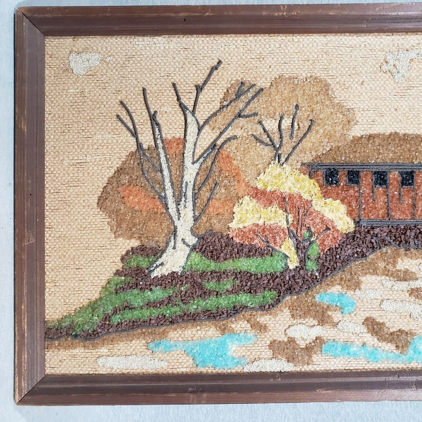 Vintage Pebble Gravel Art Picture 1960 Framed Covered Bridge MCM Mid Century 37"