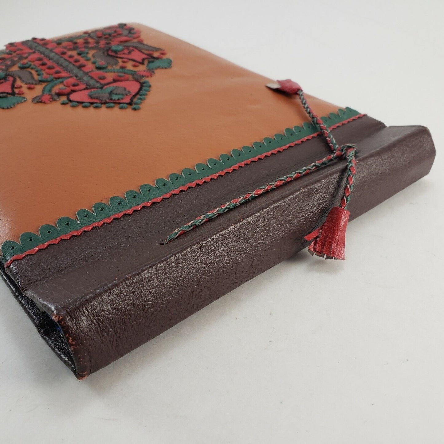 Leather Bohemian Photo Album Vintage Folk Art Scrapbook Tie Bound1960s Craft