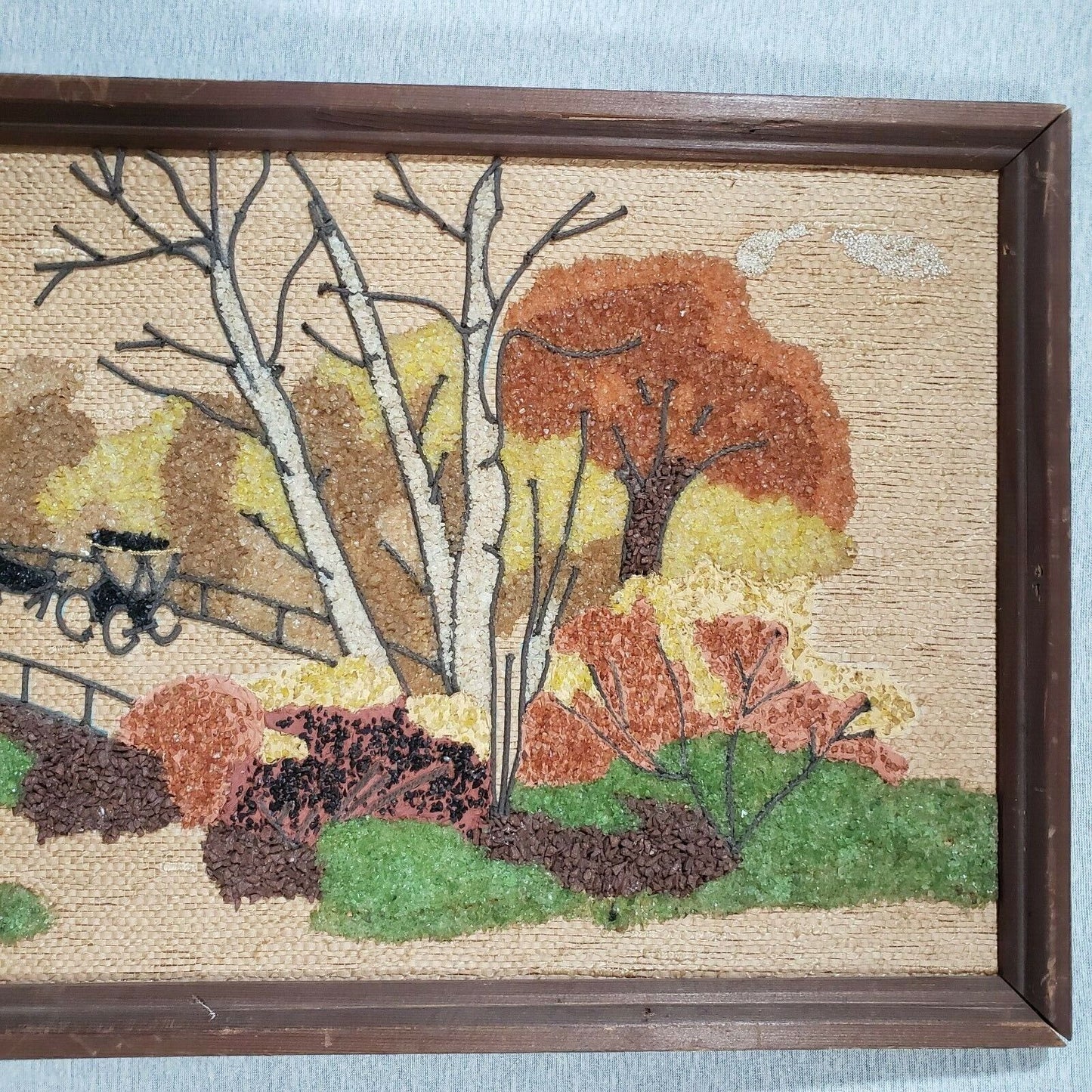 Vintage Pebble Gravel Art Picture 1960 Framed Covered Bridge MCM Mid Century 37"