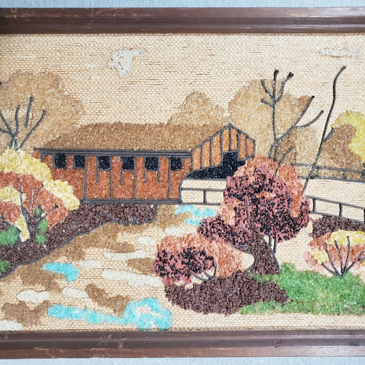 Vintage Pebble Gravel Art Picture 1960 Framed Covered Bridge MCM Mid Century 37"