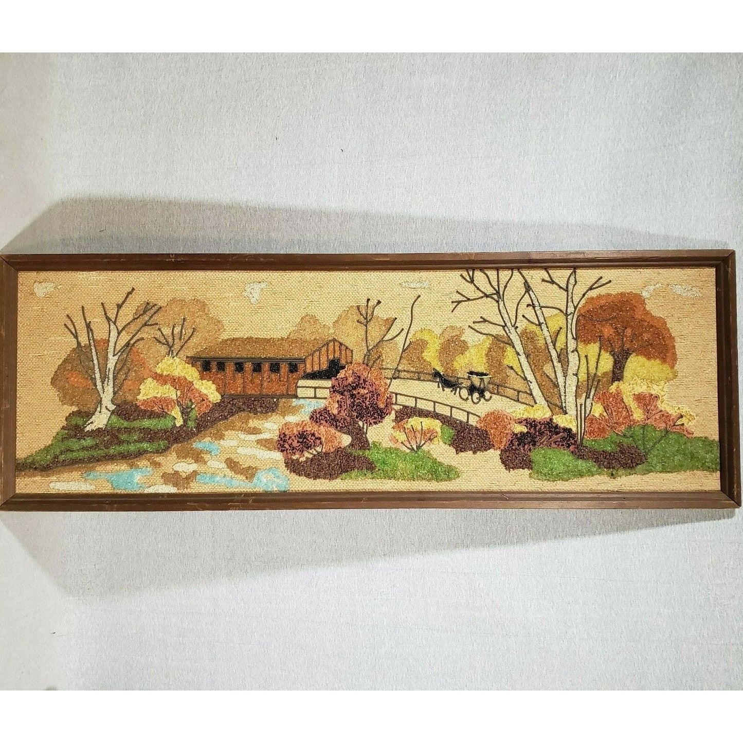 Vintage Pebble Gravel Art Picture 1960 Framed Covered Bridge MCM Mid Century 37"