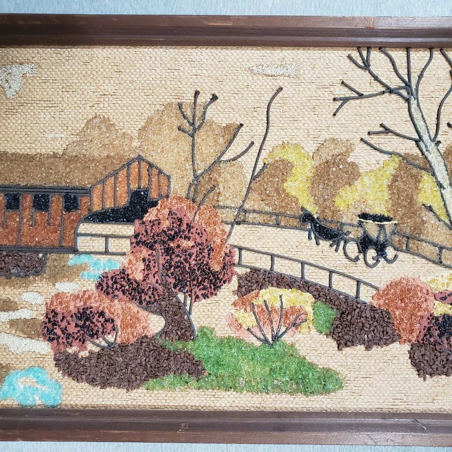 Vintage Pebble Gravel Art Picture 1960 Framed Covered Bridge MCM Mid Century 37"